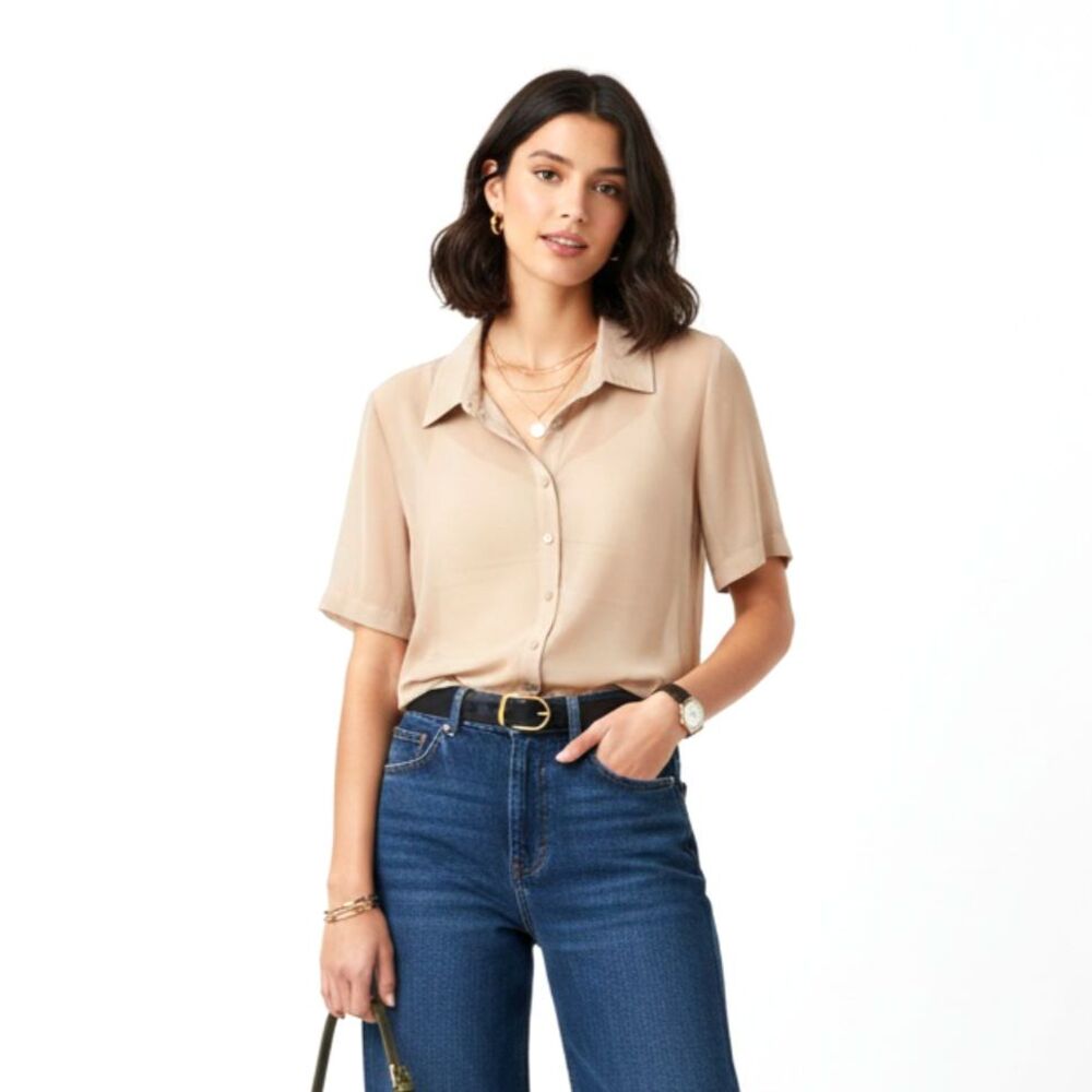 Wild Fable Short Sleeve Nude Sheer Button-Down Shirt NWT Womens Medium